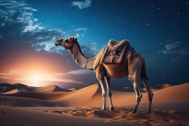 Camel standing in desert sand under dramatic sunset sky