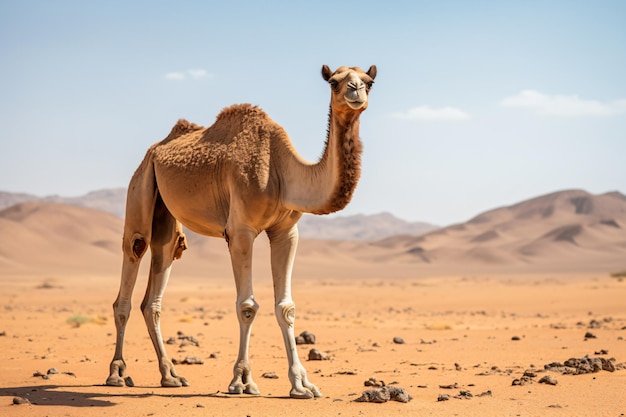 A camel standing in the desert with a sky background