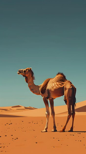 Photo a camel stands in the desert landscape under the vast sky