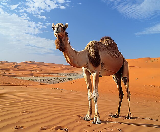 a camel stands in the desert with a blue sky in the background