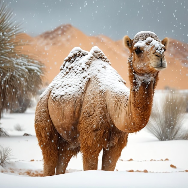 Camel stands in the desert with snow