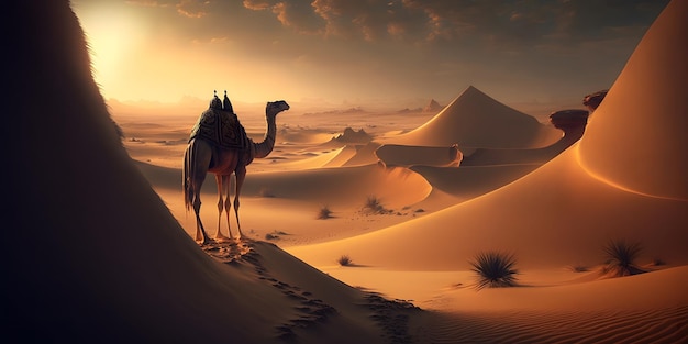 A camel stands in the desert with a sunset in the background