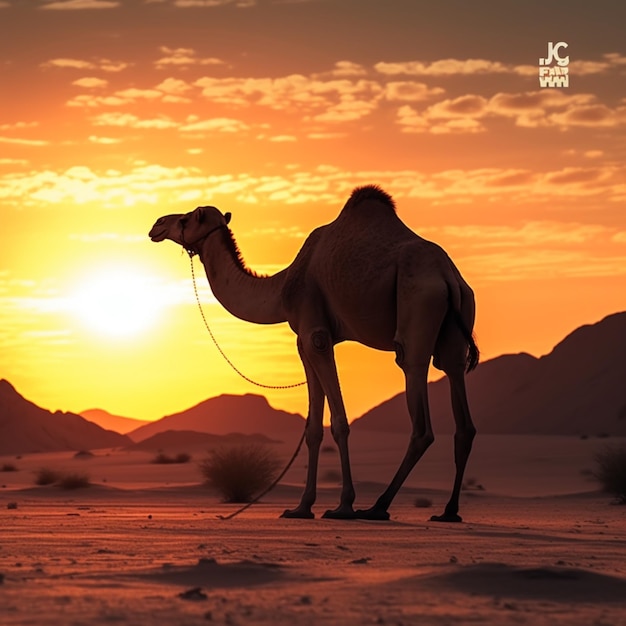 낙타는 바닥에 cjc라는 단어와 함께 사막에 서 있습니다.