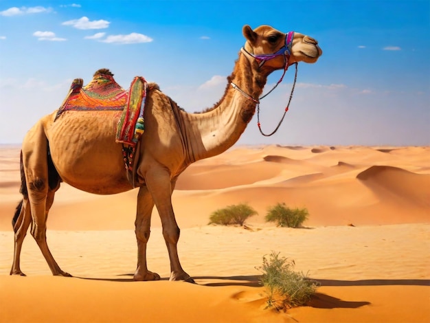 a camel stands in the desert