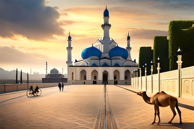 A camel stands in front of a mosque with a blue dome.