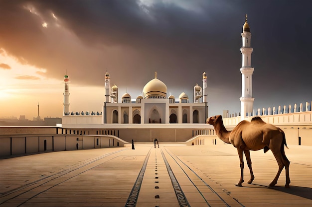 A camel stands in front of a mosque.