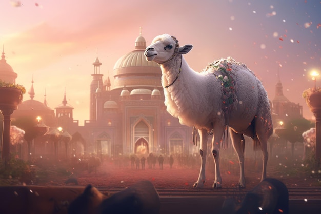 A camel stands in front of a mosque.