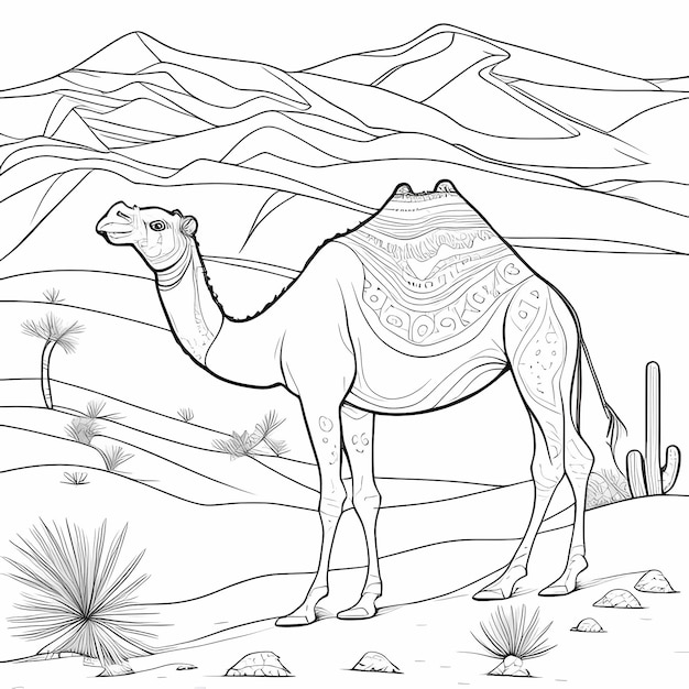 Photo camel tales coloring page for kids with a desert scene