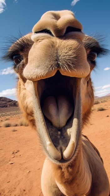 Camel touches camera taking selfie Funny selfie portrait of animal