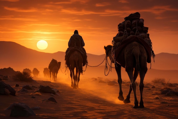 Foto camel trekking in africa al tramonto generative ai