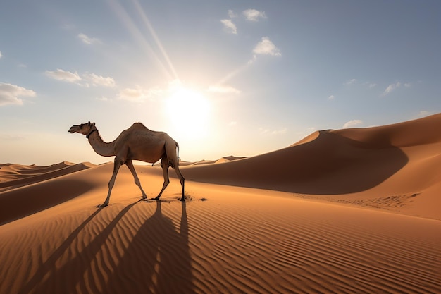 a camel walking across a desert with the sun setting