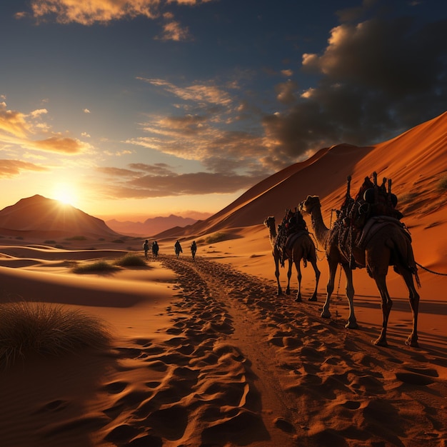 Camel walking in desert illustration background