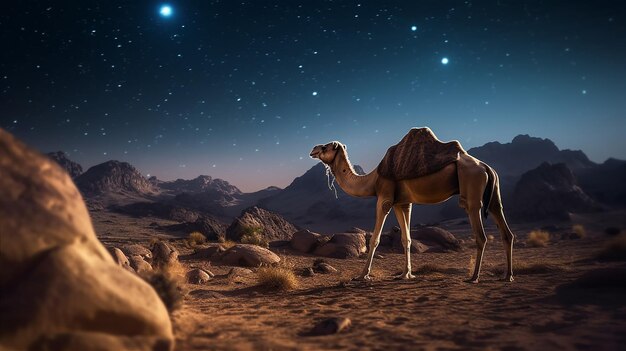 Camel walking in the desert at night sky stars moon holiday eid al adha