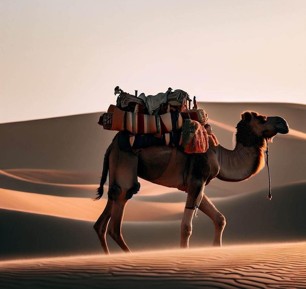 夕日を背景に砂丘の後ろの砂漠を歩くラクダ