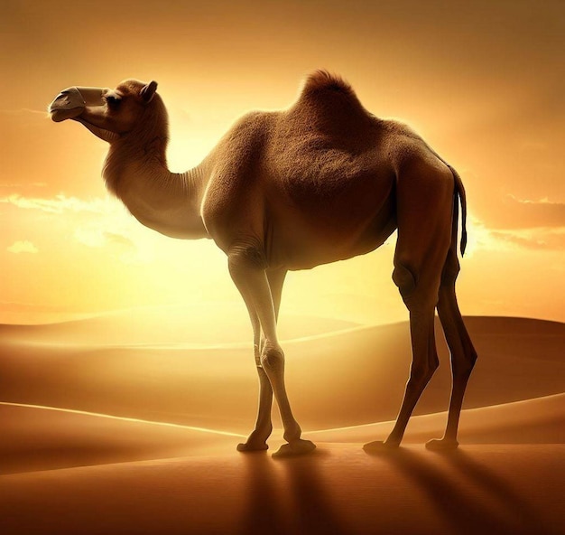 camel walking in the desert behind Among the sand hills With a sunset background