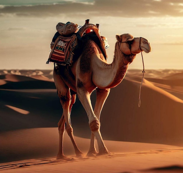 camel walking in the desert behind Among the sand hills With a sunset background