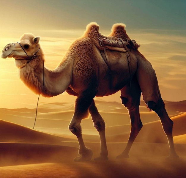 camel walking in the desert behind Among the sand hills With a sunset background