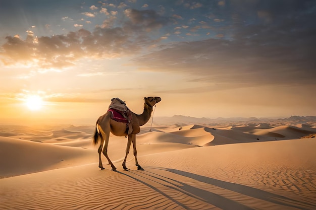 A camel walking in the desert at sunset