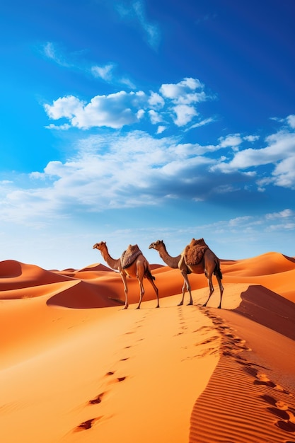 Camel walking in sand dunes Desert landscape Generative ai