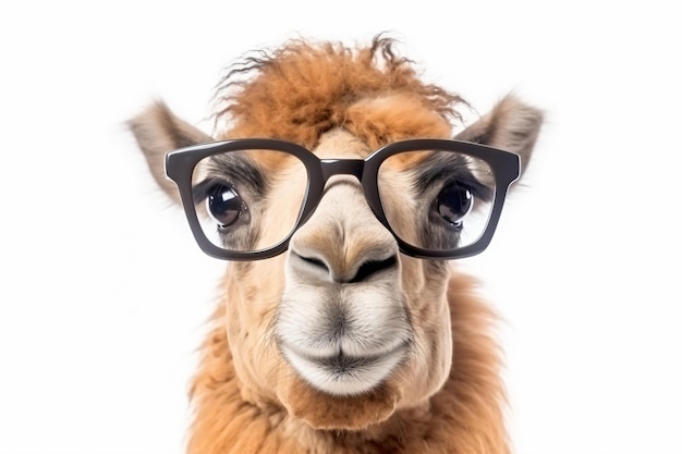 a camel wearing glasses on a white background