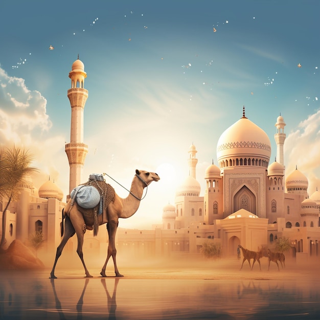 a camel with a backpack and a camel in front of a mosque