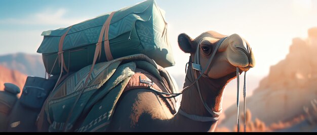 Photo a camel with a backpack on its back