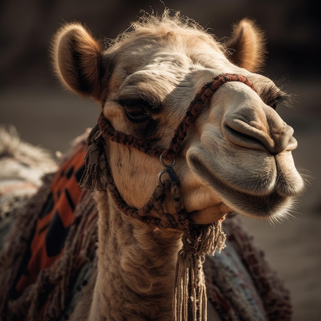 A camel with a beaded necklace and a beaded necklace.