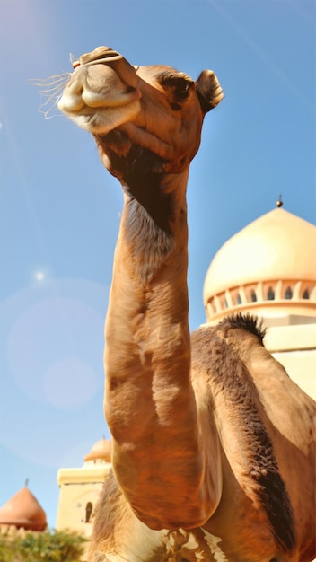 camel with a beautiful mosque in the background