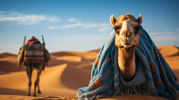 Camel with blanket on its back and camel in the back