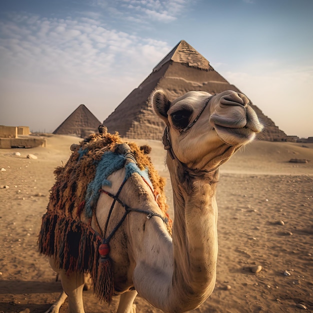 a camel with a blue blanket on its head stands in front of a pyramid