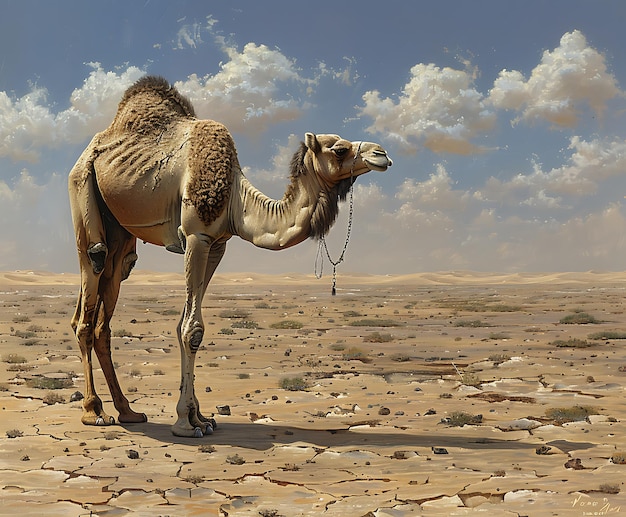 a camel with a blue sky and clouds in the background