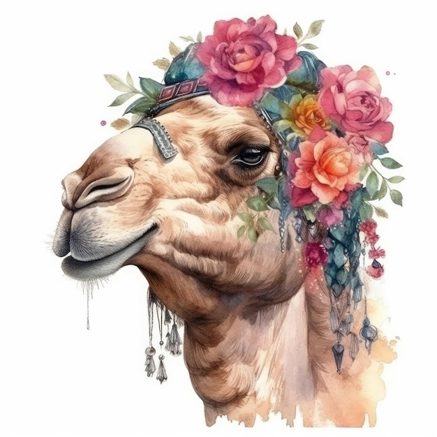 Camel with a floral wreath on her head