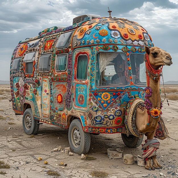 Photo a camel with flowers on its back stands in front of a vehicle with a man on the back