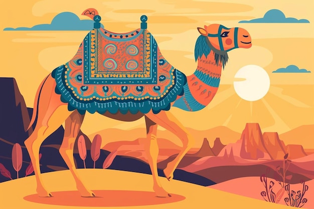 Photo a camel with a saddle in the desert