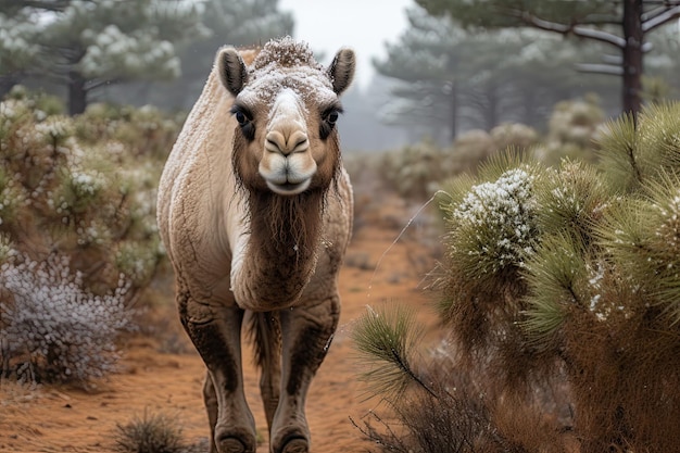 a camel with snow on its head