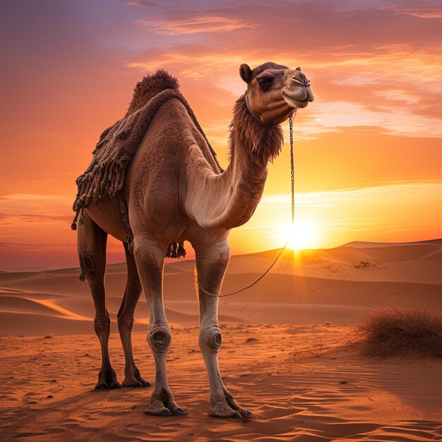 a camel with a sunset in the background