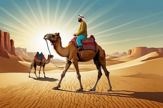 Photo cameleer camel driver with camel in a desert vector illustration