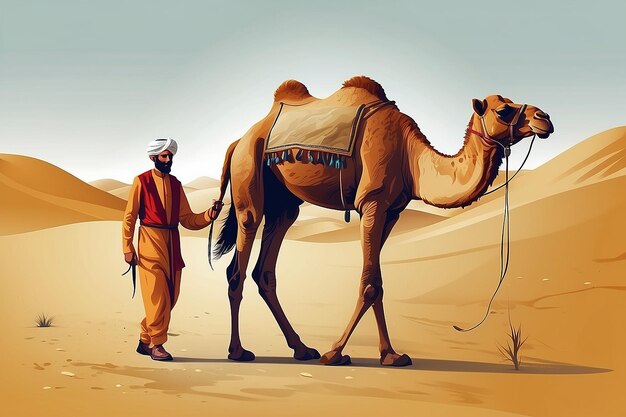 Cameleer camel driver with camel in a desert Vector illustration