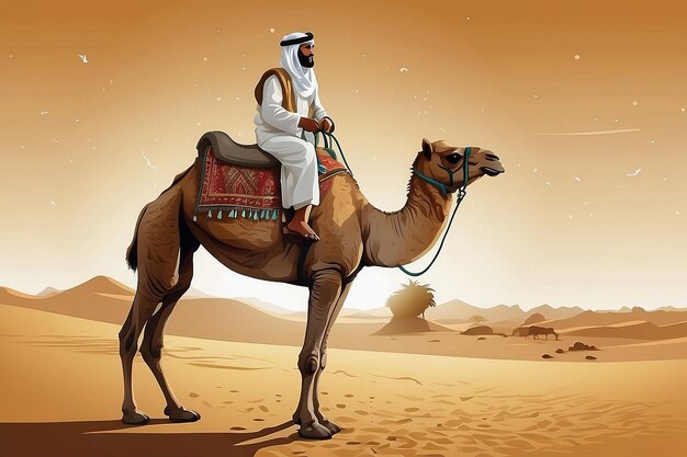 Photo cameleer camel driver with camel in a desert vector illustration