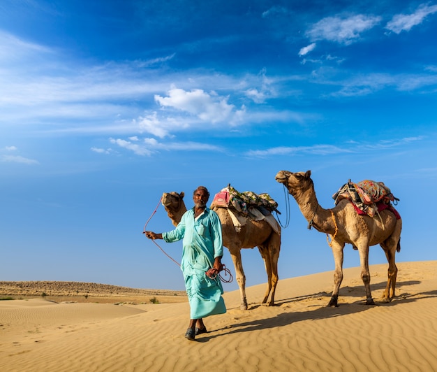 Cammelliere (cammelliere) con cammelli nelle dune del deserto del thar. raj