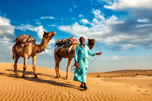 タール砂漠の砂丘でのラクダとラクダのラクダドライバー
