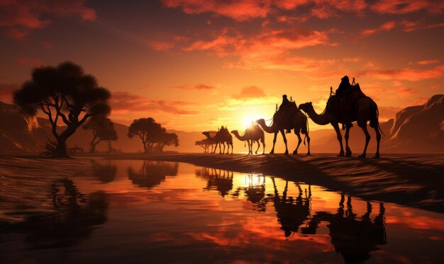 Погонщик верблюдов с силуэтами верблюдов в дюнах на закате Генеративный ИИ