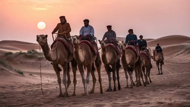 Cameleers camel drivers at sunset thar desert on sunset jaisalmer rajasthan india