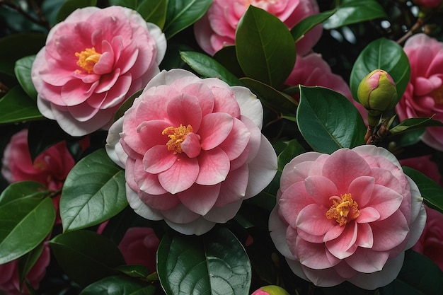 Photo camellia japonica flowers with green leaves