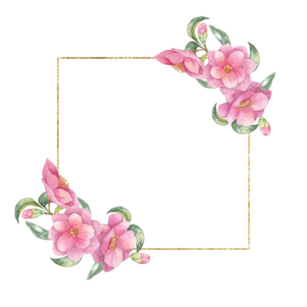 카멜리아 자포니카 (Camellia japonica) 수채화 클리파트 (clipart) 는 분홍색 꽃과 초록색 잎으로 장식된 금색 사각형 프레임을 특징으로합니다. 결혼식 서류에 완벽합니다.