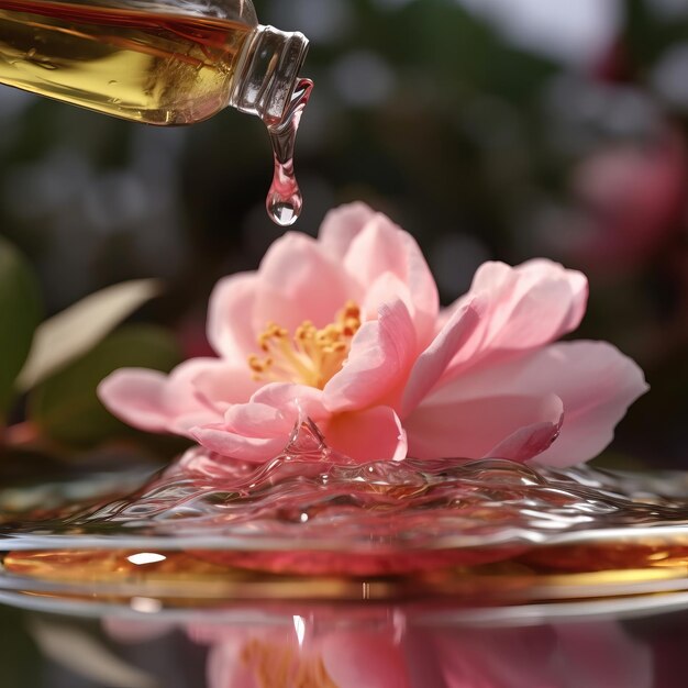 Foto olio di camelia che viene versato fotografia ultra realistico ultra