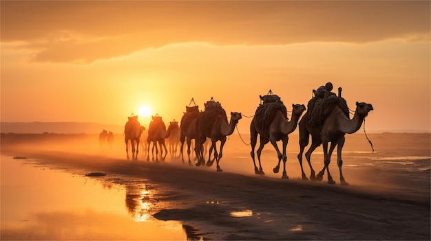 Camels are on the beach at sunset.