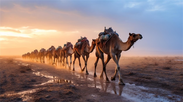 Camels are walking on the beach at sunset.