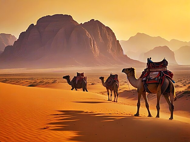Foto i cammelli camminano nel deserto con le montagne sullo sfondo