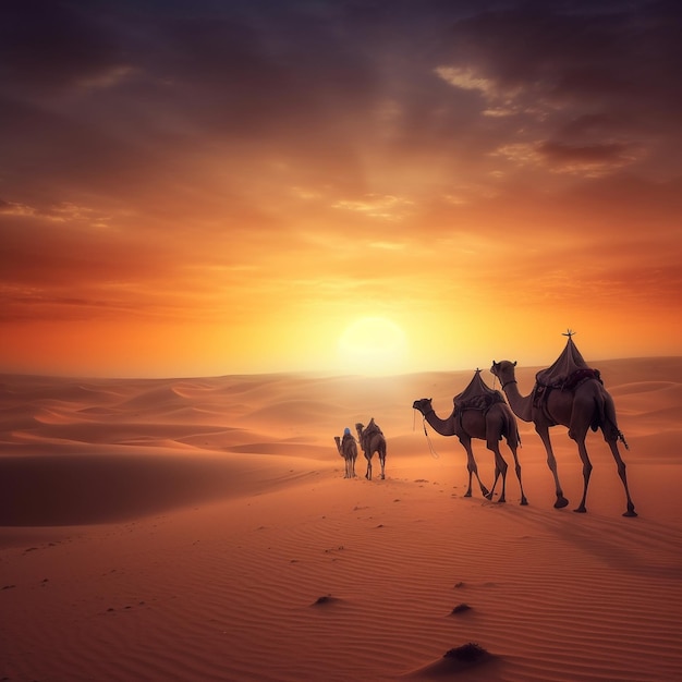 camels are walking through the desert at sunset.